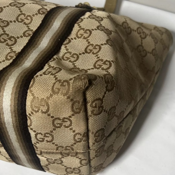 GUCCI Sherry Line Auth GG Pattern Gold Beige Canvas Leather Shoulder Tote Bag - Picture 10 of 16